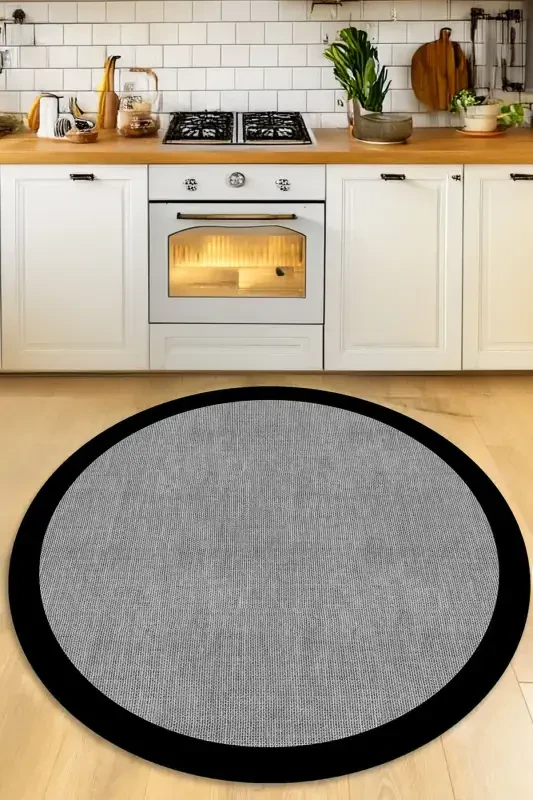 Raqamli sirpanmaydigan, yuviladigan, qora ramkali, jut ko'rinishli kulrang dumaloq zal gilami oshxona gilami-kulrang - 2