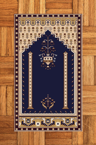 Raqamli Yuviladigan Chop Etilgan Klassik Naqshli Namozlik Gilam 70x130, SECCADE-31-TO'Q KO'K - 12