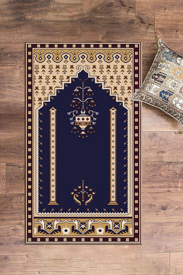 Raqamli Yuviladigan Chop Etilgan Klassik Naqshli Namozlik Gilam 70x130, SECCADE-31-TO'Q KO'K - 15