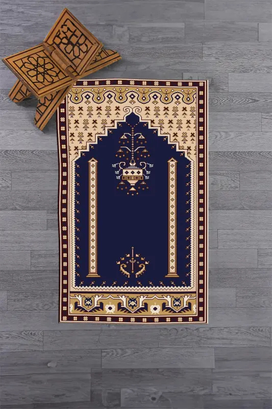Raqamli Yuviladigan Chop Etilgan Klassik Naqshli Namozlik Gilam 70x130, SECCADE-31-TO'Q KO'K - 2