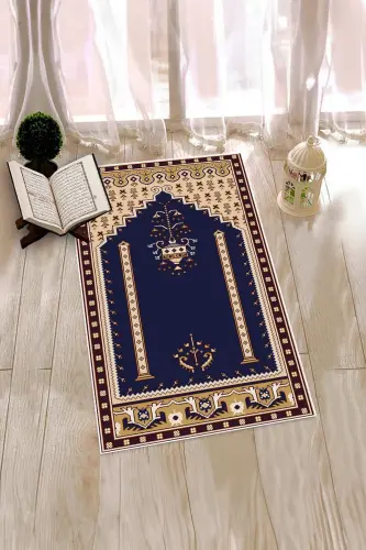 Raqamli Yuviladigan Chop Etilgan Klassik Naqshli Namozlik Gilam 70x130, SECCADE-31-TO'Q KO'K - 4