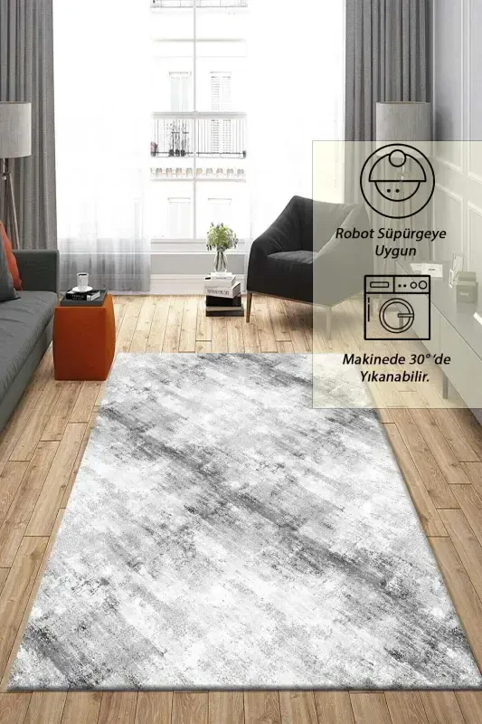 Raschel Carpet Çizgi Desenli Gri Kaymaz Taban Kalın Peluş Halı - Yolluk-Gri - 6