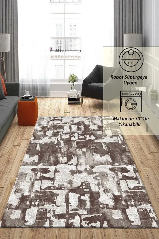 Raschel Carpet Geometric Patterned Brown Non-Slip Base Thick Plush Carpet - Runner-Dark Cream - 1