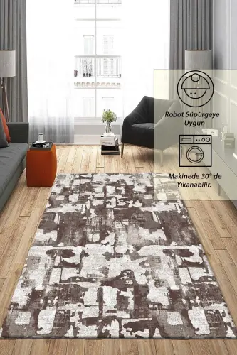 Raschel Carpet Geometrik Desenli Kahverengi Kaymaz Taban Kalın Peluş Halı - Yolluk-Koyu Kremm 
