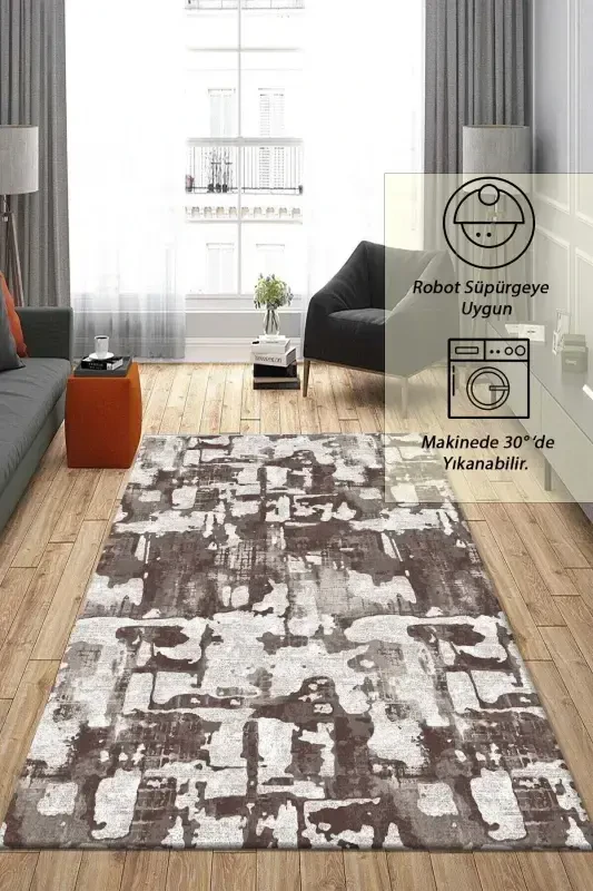 Raschel Carpet Geometrik Desenli Kahverengi Kaymaz Taban Kalın Peluş Halı - Yolluk-Koyu Kremm - 1