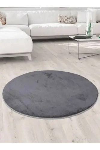 Raschel Carpet Yıkanabilir Kaymaz Taban Yuvarlak Peluş Halı Koyu Gri - Koyu Gri - 1