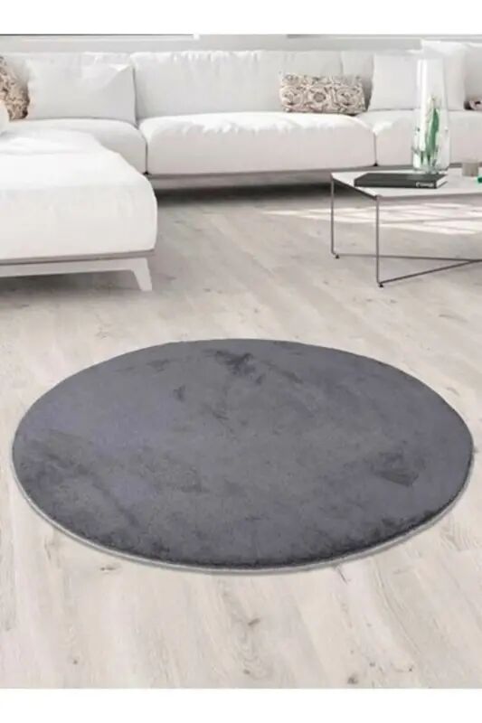 Raschel Carpet Yıkanabilir Kaymaz Taban Yuvarlak Peluş Halı Koyu Gri - Koyu Gri - Raschel Carpet