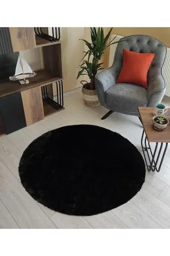 Raschel Carpet Yıkanabilir Kaymaz Taban Yuvarlak Peluş Halı Siyah-Siyah - RASCHEL CARPET (1)
