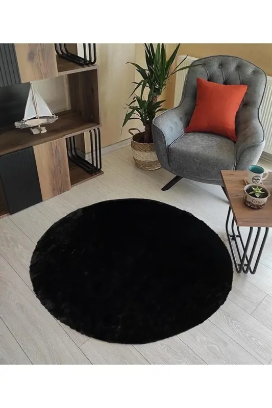 Raschel Carpet Yıkanabilir Kaymaz Taban Yuvarlak Peluş Halı Siyah-Siyah - 2