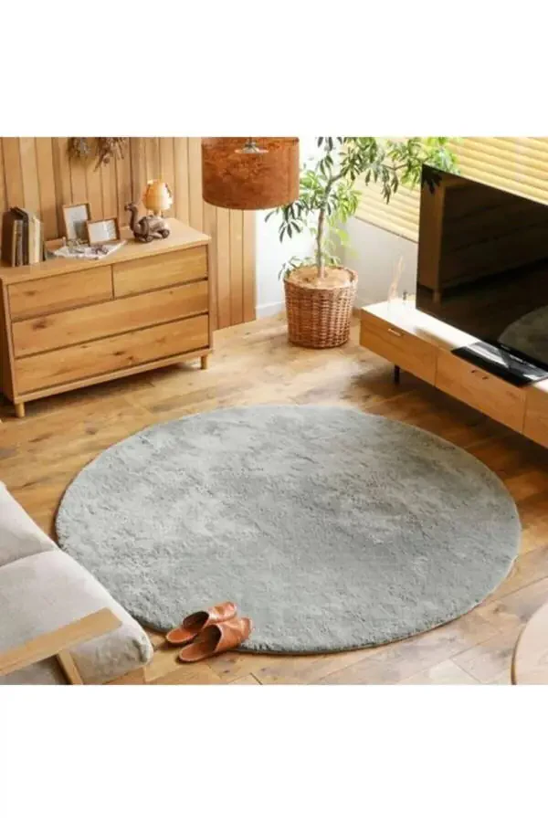 Raschel gilam Yuvish mumkin bo'lmagan sirpanchiq taglikli yumaloq plyush gilam och kulrang - 2