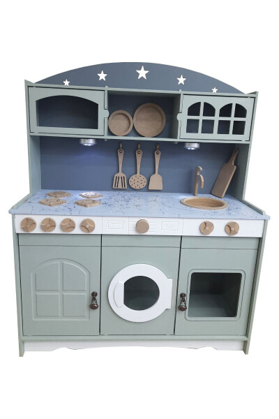 Раскрашенный деревянный игровой набор кухонных принадлежностей с 1 светодиодным освещением в подарок - HEDEF AHŞAP (1)