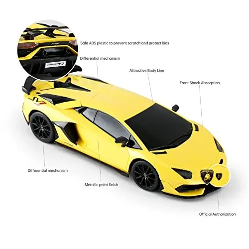 RASTAR Lamborghini Remote Control Car, 1/24 RC Lamborghini Aventador SVJ RC Model Toy Car, Yellow - 5