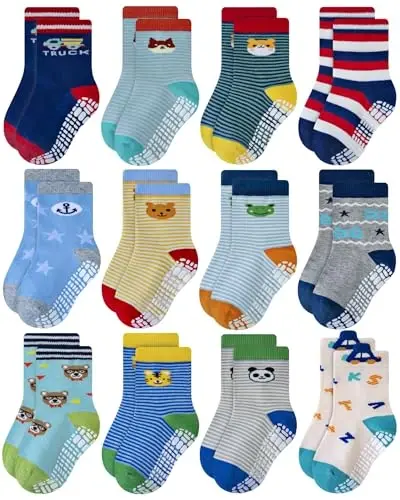 RATIVE Non Skid Anti Slip Crew Socks With Grips for Baby Infant Toddlers Kids Boys 