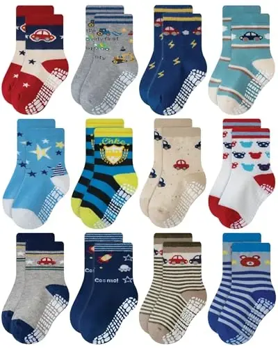 RATIVE Non Skid Anti Slip Crew Socks With Grips for Baby Infant Toddlers Kids Boys 