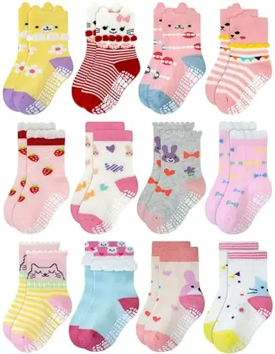 RATIVE Non Skid Anti Slip Cotton Dress Crew Socks With Grips For Baby Infant Toddler Kids Girls - 4