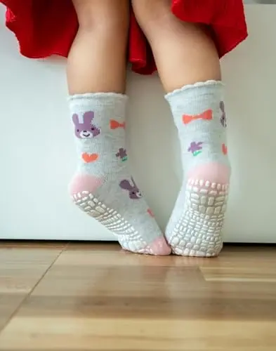 RATIVE Non Skid Anti Slip Cotton Dress Crew Socks With Grips For Baby Infant Toddler Kids Girls - 5