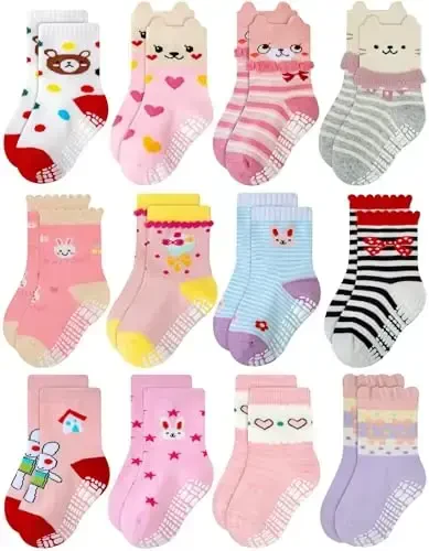 RATIVE Non Skid Anti Slip Cotton Dress Crew Socks With Grips For Baby Infant Toddler Kids Girls - 1