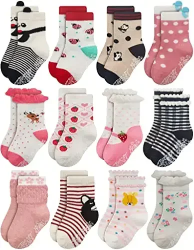 RATIVE Non Skid Anti Slip Cotton Dress Crew Socks With Grips For Baby Infant Toddler Kids Girls 