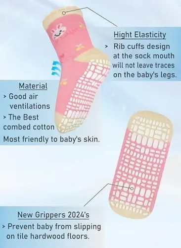 RATIVE Non Skid Anti Slip Cotton Dress Crew Socks With Grips For Baby Infant Toddler Kids Girls - 3
