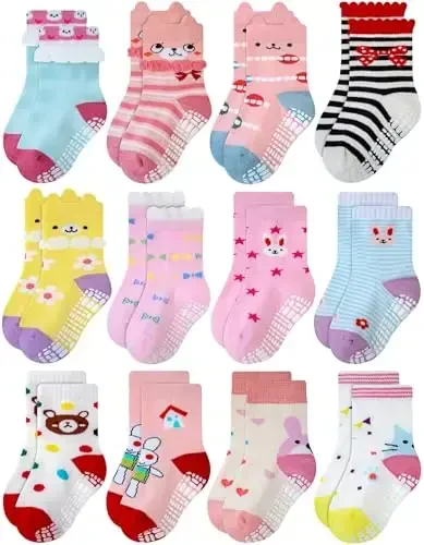 RATIVE Non Skid Anti Slip Cotton Dress Crew Socks With Grips For Baby Infant Toddler Kids Girls 