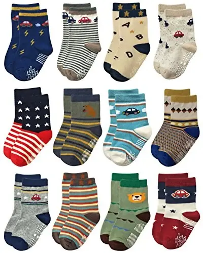 RATIVE Non Skid Anti Slip Crew Socks With Grips for Baby Infant Toddlers Kids Boys 
