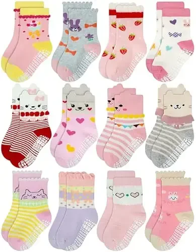 RATIVE Non Skid Anti Slip Cotton Dress Crew Socks With Grips For Baby Infant Toddler Kids Girls - RATIVE