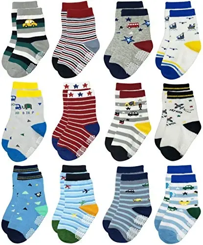 RATIVE Non-Skid Anti-Slip Crew Socks for Toddler Boys | Soft Cotton Stretch Baby Infant Kids Gripper Bottom Socks for Walking Crawling Indoor Play, Colorful Designs, Everyday Wear - 1