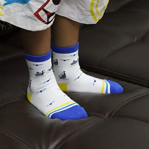RATIVE Non-Skid Anti-Slip Crew Socks for Toddler Boys | Soft Cotton Stretch Baby Infant Kids Gripper Bottom Socks for Walking Crawling Indoor Play, Colorful Designs, Everyday Wear - 2