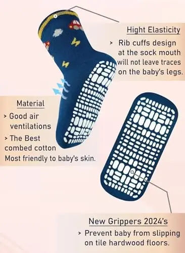 RATIVE Non-Skid Anti-Slip Crew Socks for Toddler Boys | Soft Cotton Stretch Baby Infant Kids Gripper Bottom Socks for Walking Crawling Indoor Play, Colorful Designs, Everyday Wear - 5