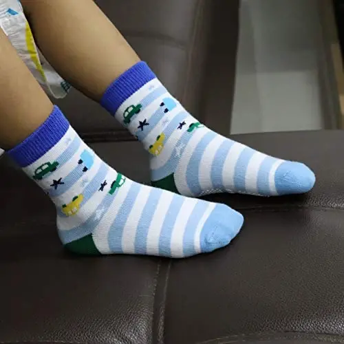 RATIVE Non-Skid Anti-Slip Crew Socks for Toddler Boys | Soft Cotton Stretch Baby Infant Kids Gripper Bottom Socks for Walking Crawling Indoor Play, Colorful Designs, Everyday Wear - 6