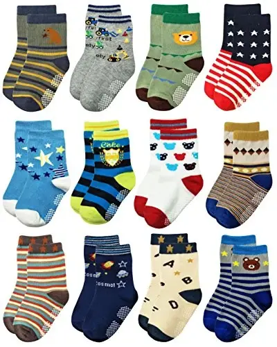 RATIVE Non-Skid Anti-Slip Crew Socks for Toddler Boys | Soft Cotton Stretch Baby Infant Kids Gripper Bottom Socks for Walking Crawling Indoor Play, Colorful Designs, Everyday Wear - 1