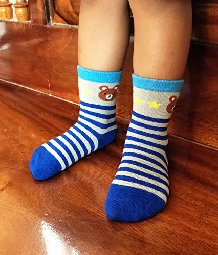 RATIVE Non-Skid Anti-Slip Crew Socks for Toddler Boys | Soft Cotton Stretch Baby Infant Kids Gripper Bottom Socks for Walking Crawling Indoor Play, Colorful Designs, Everyday Wear - 3
