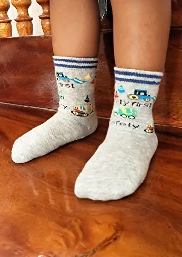 RATIVE Non-Skid Anti-Slip Crew Socks for Toddler Boys | Soft Cotton Stretch Baby Infant Kids Gripper Bottom Socks for Walking Crawling Indoor Play, Colorful Designs, Everyday Wear - 6