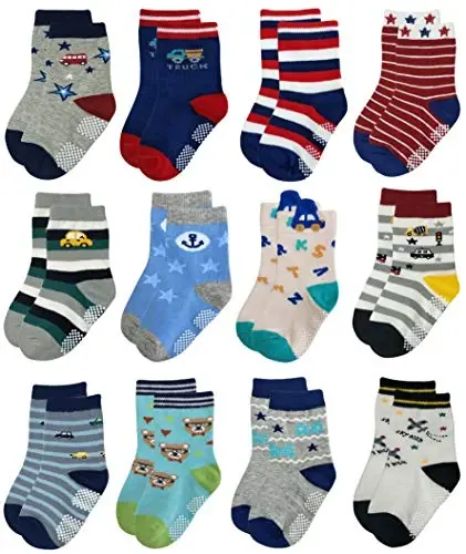 RATIVE Non-Skid Anti-Slip Crew Socks for Toddler Boys | Soft Cotton Stretch Baby Infant Kids Gripper Bottom Socks for Walking Crawling Indoor Play, Colorful Designs, Everyday Wear - 1