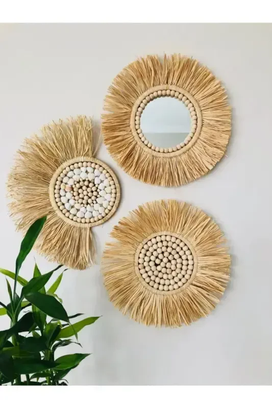Rattan 3 Piece Mirror Set Fan Wall Decor Beaded Mirror Rattan Mirror Bohemian Mirror Handmade Mirror Rattan - HASIRDUKKANII