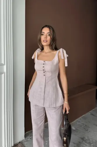 RAW SILK LINEN VEST LOOK TANK TOP - PANTS SET - Lilac - 1