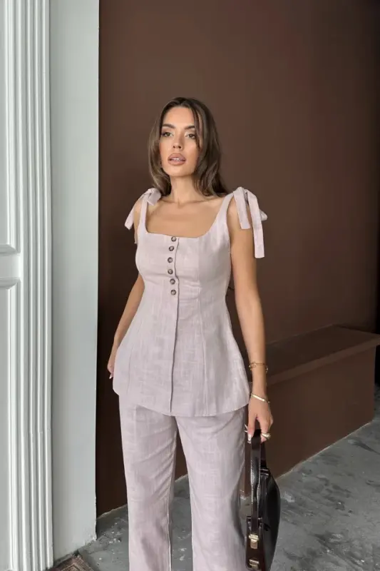 RAW SILK LINEN VEST LOOK TANK TOP - PANTS SET - Lilac - 1