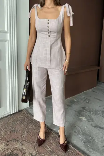 RAW SILK LINEN VEST LOOK TANK TOP - PANTS SET - Lilac - BÜYÜKBEDENIZ (1)