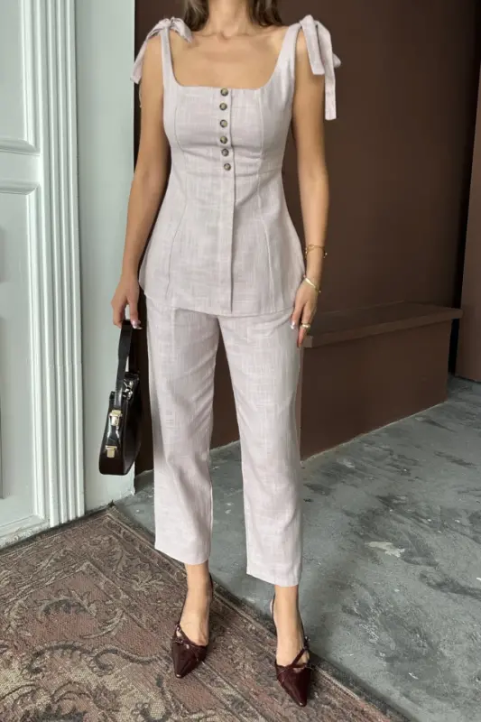 RAW SILK LINEN VEST LOOK TANK TOP - PANTS SET - Lilac - 2