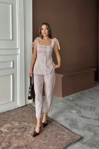 RAW SILK LINEN VEST LOOK TANK TOP - PANTS SET - Lilac - 3