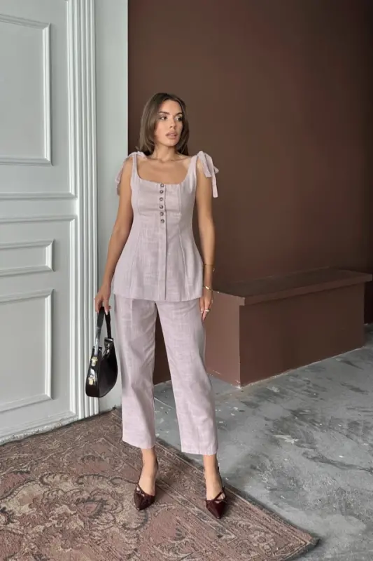 RAW SILK LINEN VEST LOOK TANK TOP - PANTS SET - Lilac - 4