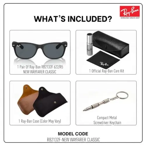 Ray-Ban RB2132F NEW WAYFARER CLASSIC LOW BRIDGE FIT Erkaklar va ayollar uchun mo'ljallangan kvadrat shaklidagi quyoshdan saqlaydigan ko'zoynaklar, rasmiy ko'zoynaklar to'plami bilan 
