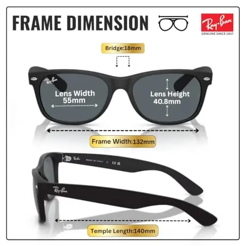 Ray-Ban RB2132F NEW WAYFARER CLASSIC LOW BRIDGE FIT Erkaklar va ayollar uchun mo'ljallangan kvadrat shaklidagi quyoshdan saqlaydigan ko'zoynaklar, rasmiy ko'zoynaklar to'plami bilan - 4