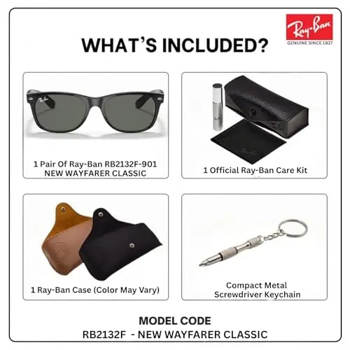 Ray-Ban RB2132F NEW WAYFARER CLASSIC LOW BRIDGE FIT Square Shaped Sunglasses for Men & Women with Official RAYBAN Eyewear Kit - RAY-BAN (1)