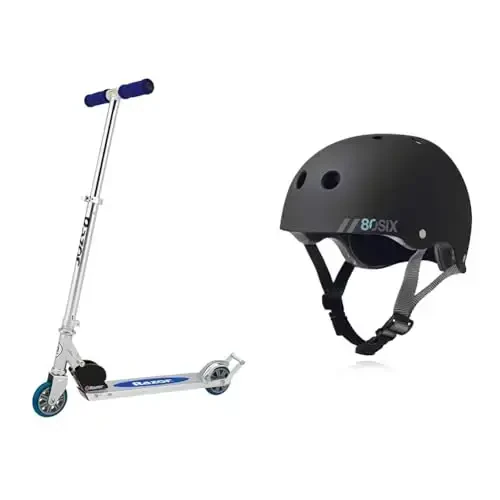 Razor AW Kick Scooter Blue FFP Steel/Blue Bundle with 80Six Dual Certified Kids Bike Scooter & Skateboard Helmet Black Matte Small/Medium Ages 8+ - RAZOR