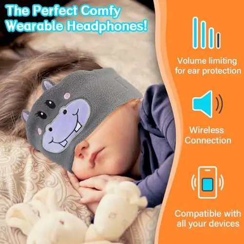 RBFSAH Kids Wireless Headphones, Over Ear Headphones for Children & Toddlers, with Thin Speakers & Super Soft Fleece Headband (Hippo) - 4