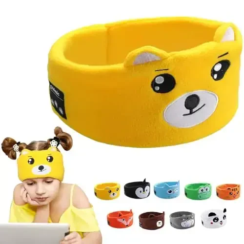 RBFSAH Kids Headphones Headband Wireless,Over The Ear Headband Headphones,Headband Earphones for Children Baby & Toddlers,with Thin Speakers & Super Soft Fleece Headband (Yellow Bear) - RBFSAH