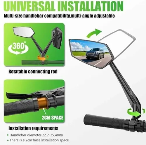 RBRL Bike Mirror, 360° Adjustable Handlebar Mirror with Drop-Proof Structure, 3-Screw Locking Anti-Loosen System, Aluminum Alloy Base, Wide Angle Vision Bicycle Mirror for eBikes, Mountain Bikes(left) - RBRL (1)