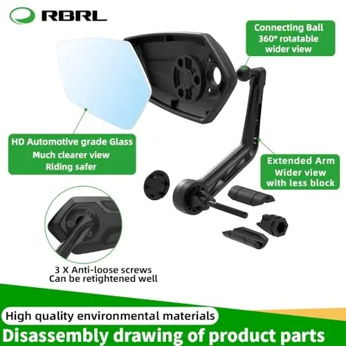 RBRL Bike Mirror Bar End Bike Mirror, Rotatable Bicycle Mirror, Automotive Grade Glass Bike Side Mirrors, Scratch Resistant E-Bike Universal Rearview Mirrors for Mountain bike (Left) - RBRL (1)