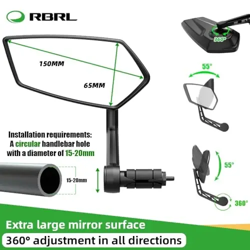 RBRL Bike Mirror Bar End Bike Mirror, Rotatable Bicycle Mirror, Automotive Grade Glass Bike Side Mirrors, Scratch Resistant E-Bike Universal Rearview Mirrors for Mountain bike (Left) - 6